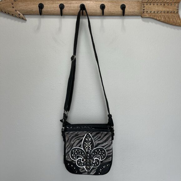 Miss Me Handbags - Miss Me | Black Zebra Crossbody Fleur De Lis Bag Studded Small Faux Leather